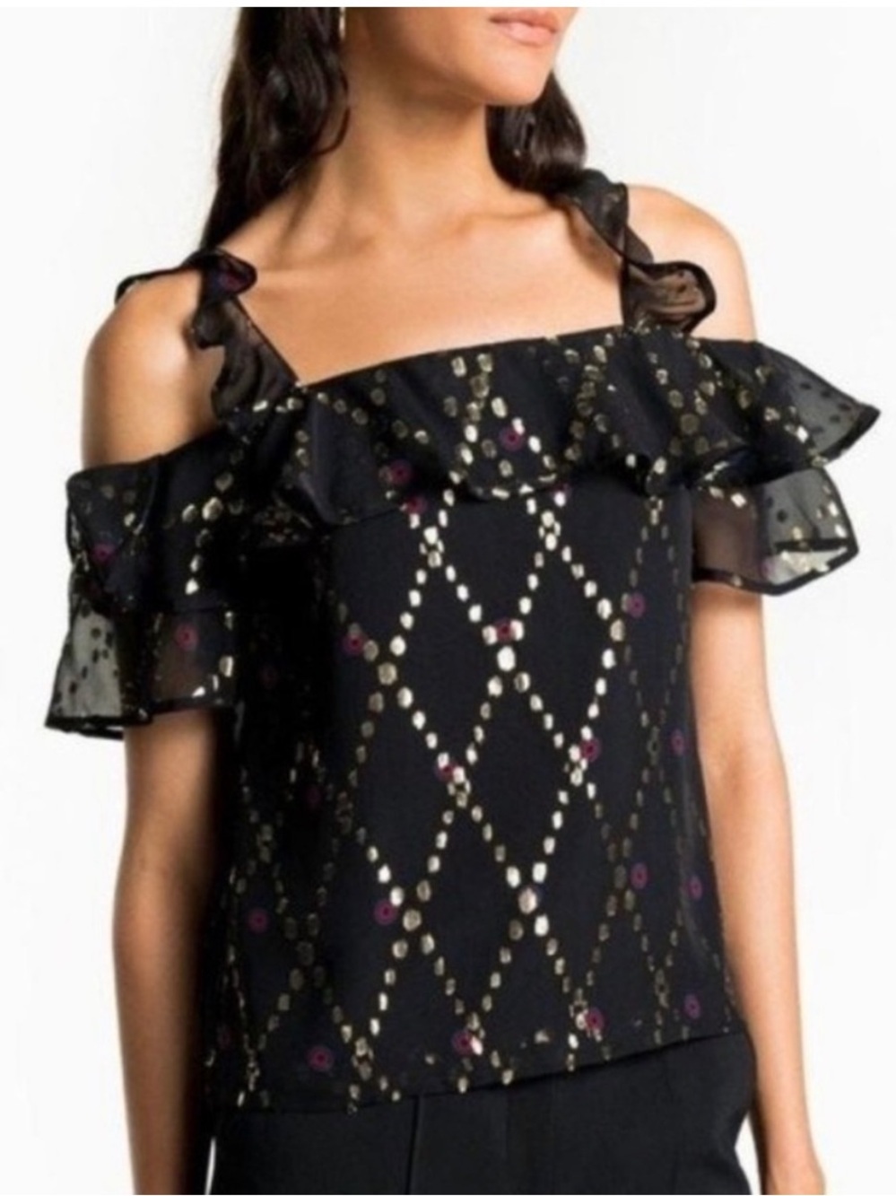 A.L.C. Silk Willow Cold Shoulder Black Metallic Sleeveless Blouse Top Size 2